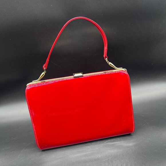 Town & Country Handbags - Vintage Cherry Red Patent Leather Handbag Purse Mid Century Gold 60s Top Handle